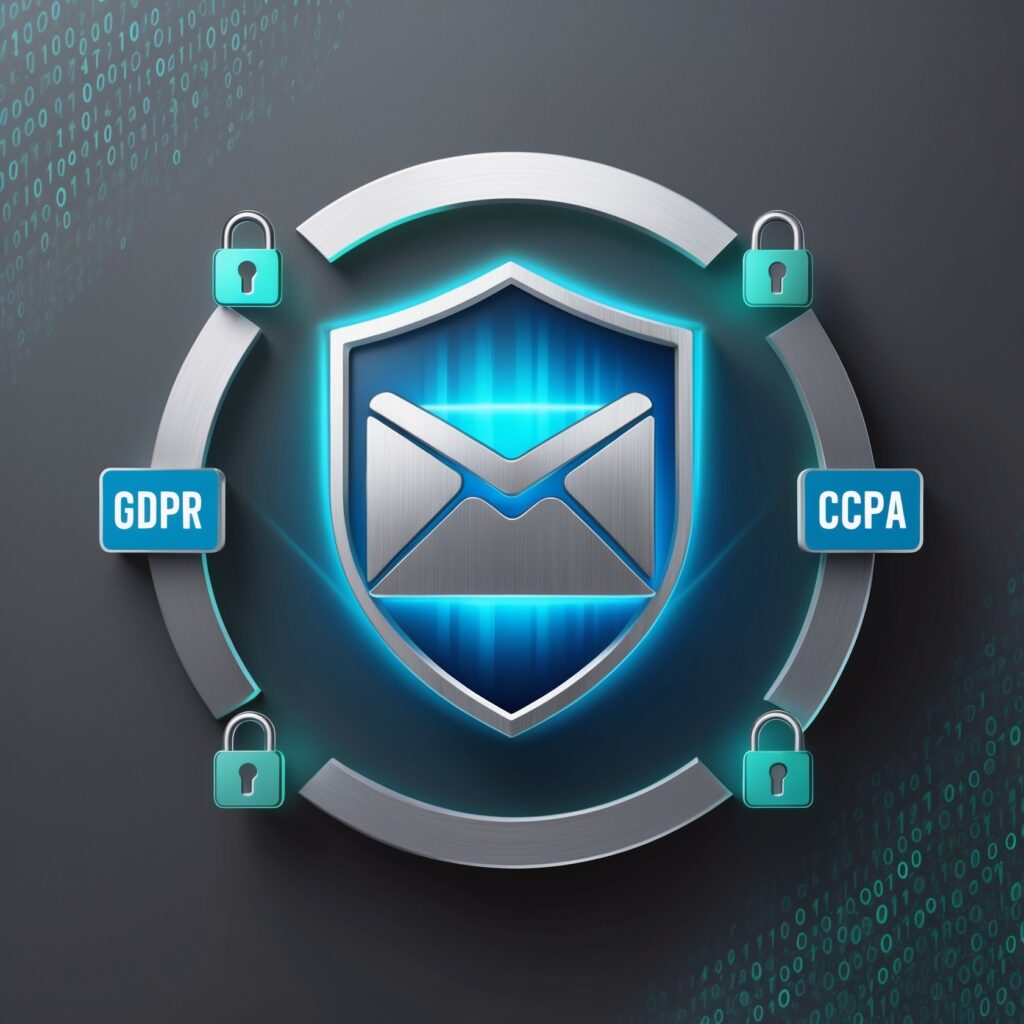 Visual guide showing key email marketing compliance requirements including GDPR and CCPA regulations