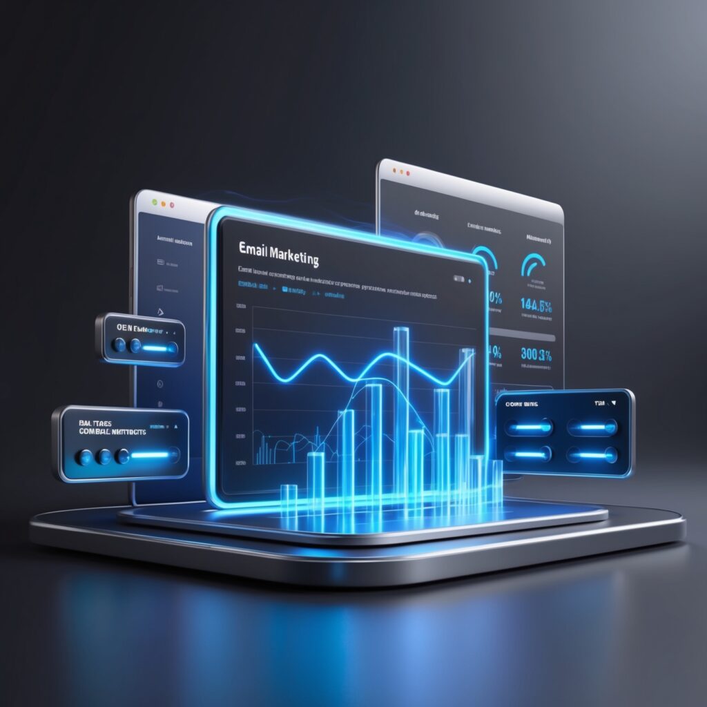 Interactive dashboard displaying key email marketing metrics including open rates, click-through rates, and conversion data